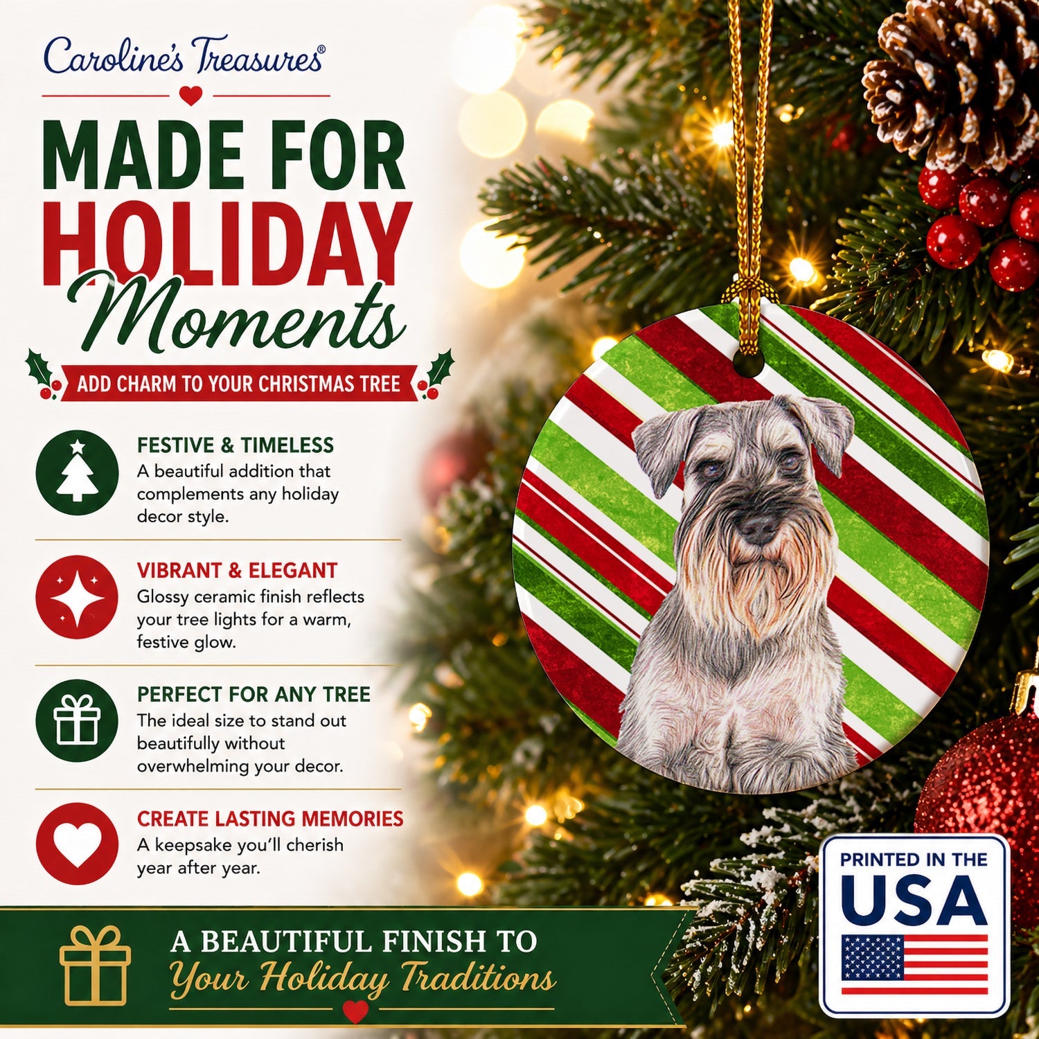 Candy Cane Holiday Christmas Schnauzer Ceramic Ornament Christmas Tree Hanging Decorations for Home Christmas Holiday, Party, Gift, 3 in, Multicolor