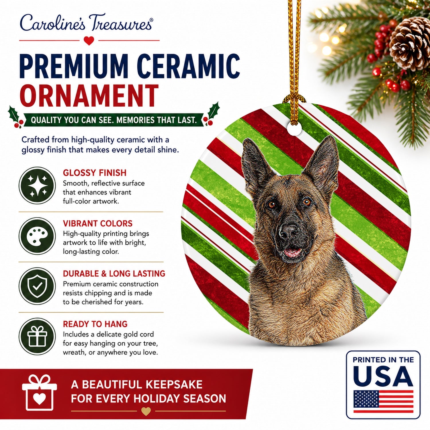 Candy Cane Holiday Christmas German Shepherd Ceramic Ornament Christmas Tree Hanging Decorations for Home Christmas Holiday, Party, Gift, 3 in, Multicolor