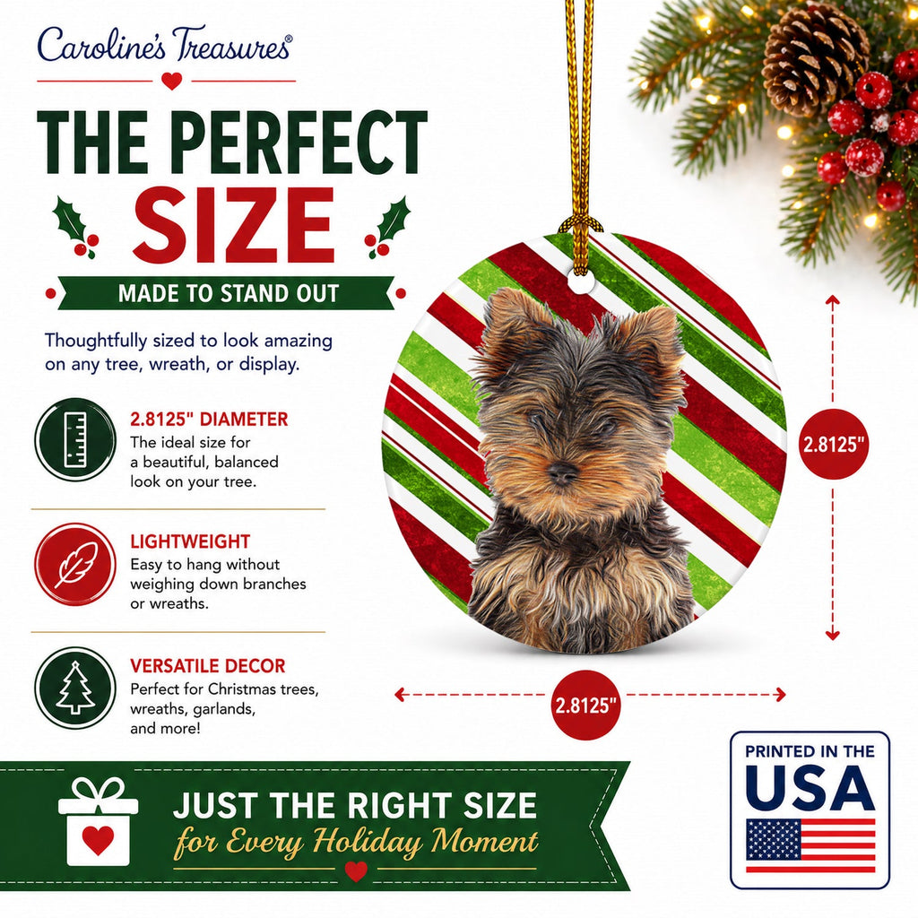 Candy Cane Holiday Christmas Yorkie Puppy / Yorkshire Terrier Ceramic Ornament Christmas Tree Hanging Decorations for Home Christmas Holiday, Party, Gift, 3 in, Multicolor