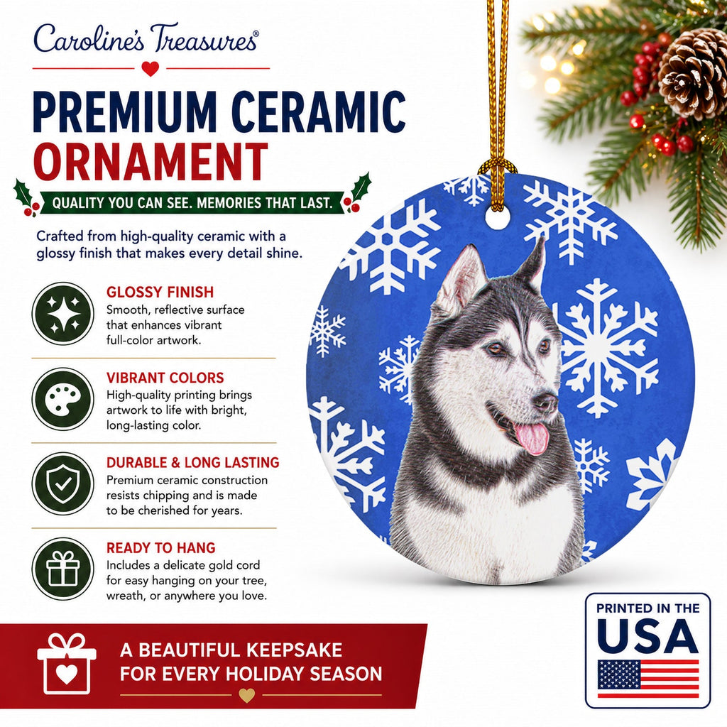 Winter Snowflakes Holiday Alaskan Malamute Ceramic Ornament Christmas Tree Hanging Decorations for Home Christmas Holiday, Party, Gift, 3 in, Multicolor
