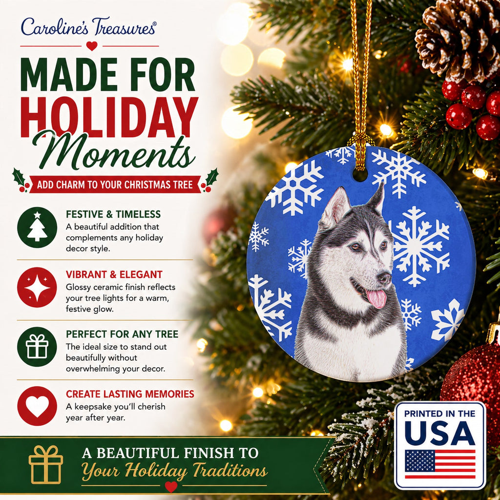 Winter Snowflakes Holiday Alaskan Malamute Ceramic Ornament Christmas Tree Hanging Decorations for Home Christmas Holiday, Party, Gift, 3 in, Multicolor