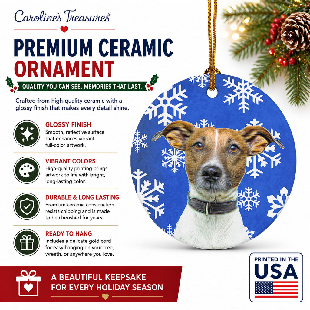 Winter Snowflakes Holiday Jack Russell Terrier Ceramic Ornament Christmas Tree Hanging Decorations for Home Christmas Holiday, Party, Gift, 3 in, Multicolor