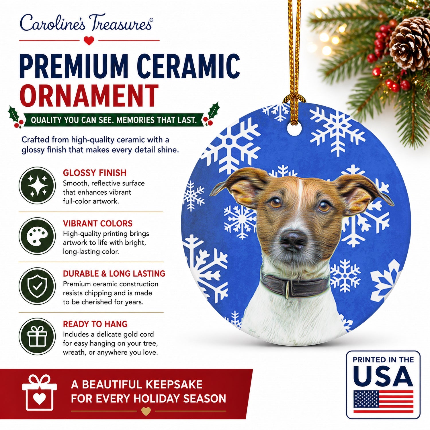 Winter Snowflakes Holiday Jack Russell Terrier Ceramic Ornament Christmas Tree Hanging Decorations for Home Christmas Holiday, Party, Gift, 3 in, Multicolor
