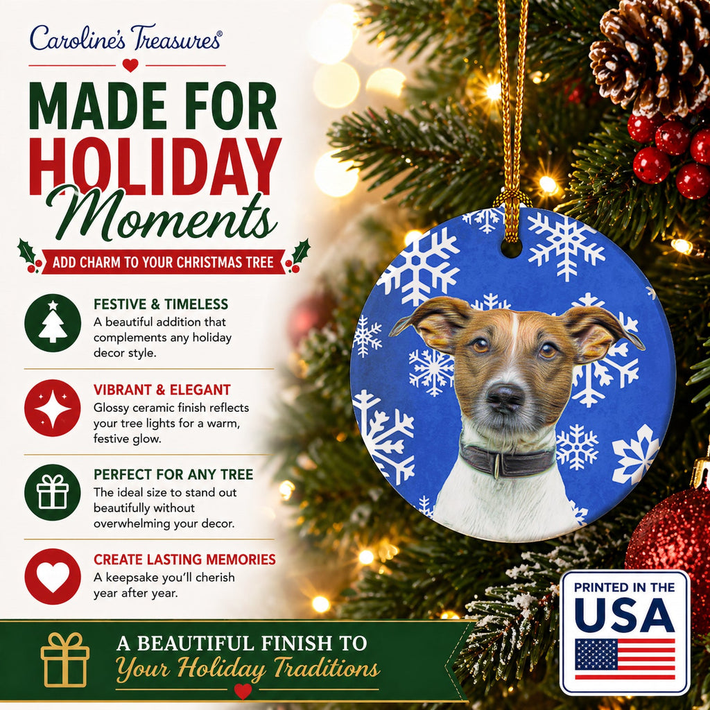 Winter Snowflakes Holiday Jack Russell Terrier Ceramic Ornament Christmas Tree Hanging Decorations for Home Christmas Holiday, Party, Gift, 3 in, Multicolor