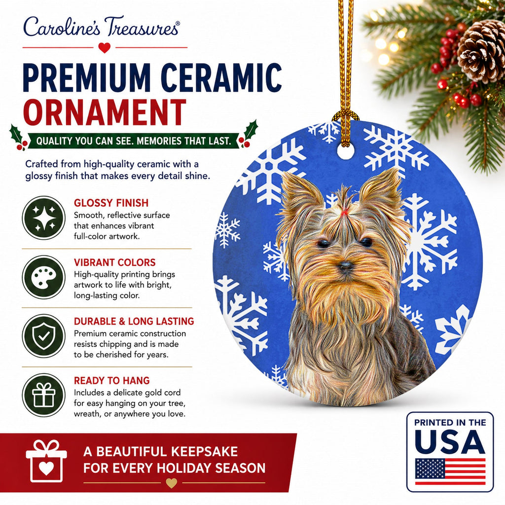 Winter Snowflakes Holiday Yorkie / Yorkshire Terrier Ceramic Ornament Christmas Tree Hanging Decorations for Home Christmas Holiday, Party, Gift, 3 in, Multicolor