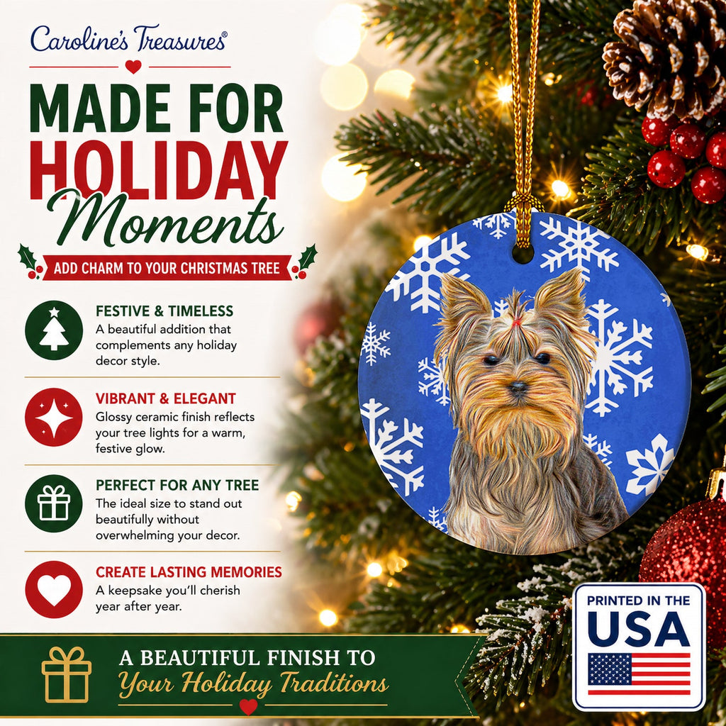 Winter Snowflakes Holiday Yorkie / Yorkshire Terrier Ceramic Ornament Christmas Tree Hanging Decorations for Home Christmas Holiday, Party, Gift, 3 in, Multicolor