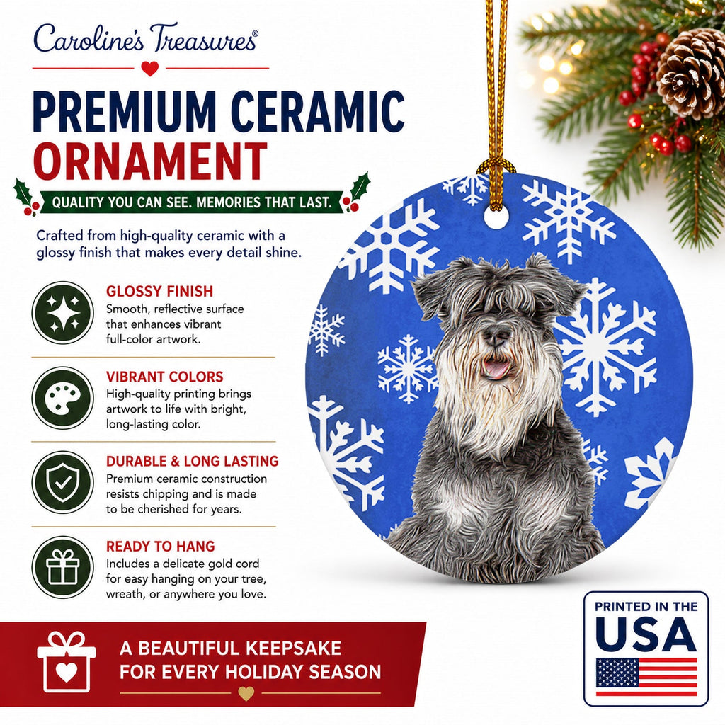 Winter Snowflakes Holiday Schnauzer Ceramic Ornament Christmas Tree Hanging Decorations for Home Christmas Holiday, Party, Gift, 3 in, Multicolor