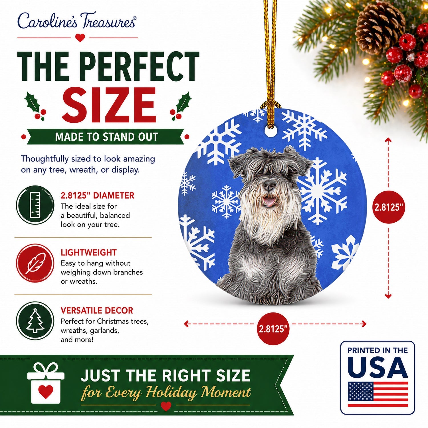 Winter Snowflakes Holiday Schnauzer Ceramic Ornament Christmas Tree Hanging Decorations for Home Christmas Holiday, Party, Gift, 3 in, Multicolor