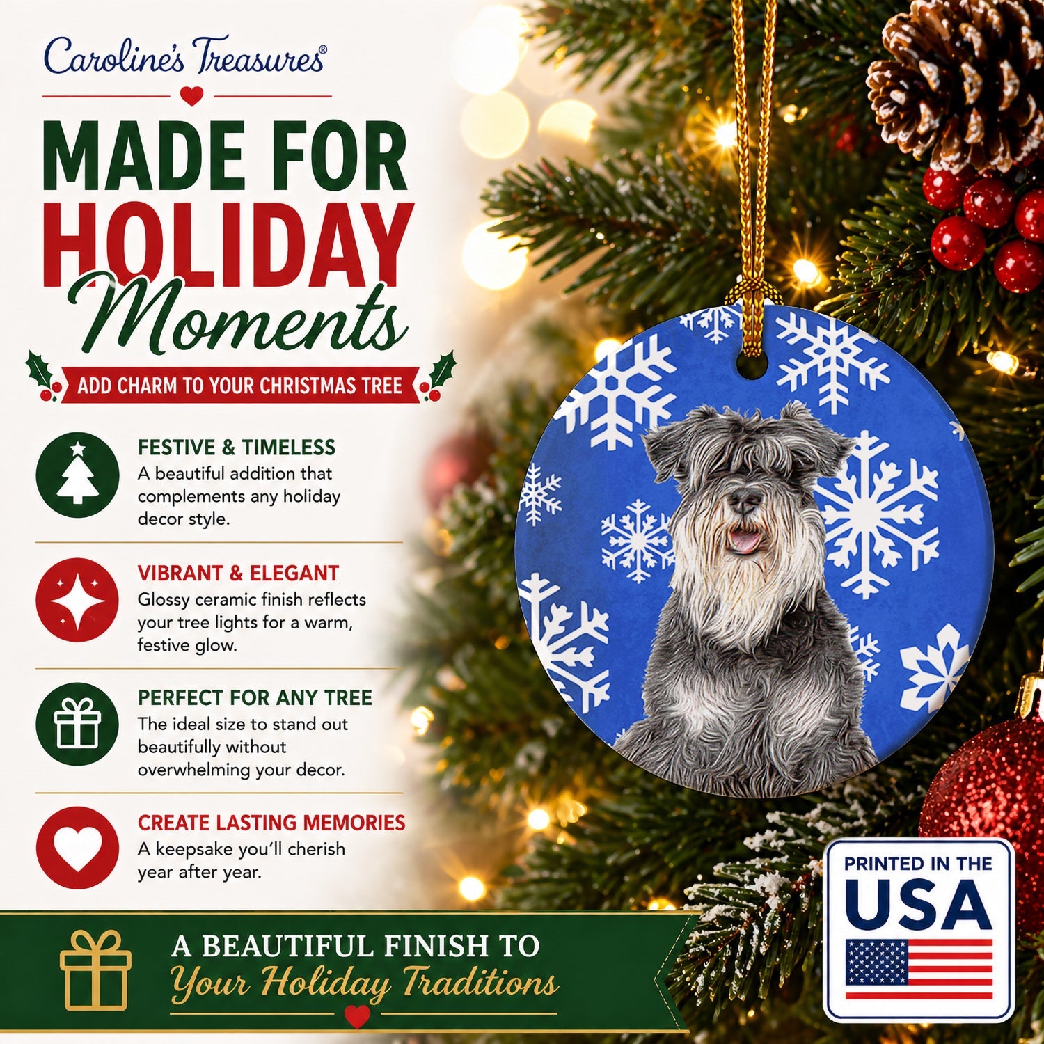 Winter Snowflakes Holiday Schnauzer Ceramic Ornament Christmas Tree Hanging Decorations for Home Christmas Holiday, Party, Gift, 3 in, Multicolor
