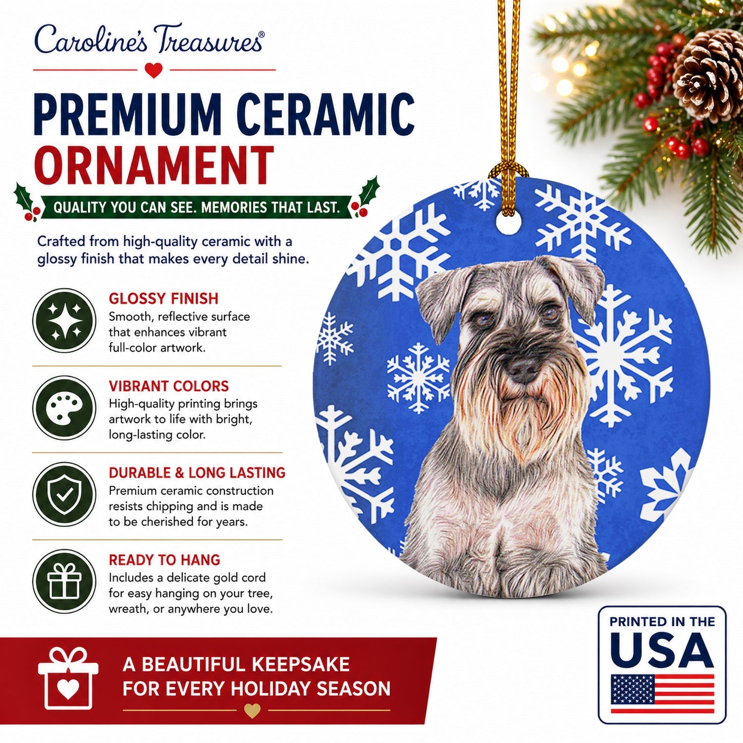 Winter Snowflakes Holiday Schnauzer Ceramic Ornament Christmas Tree Hanging Decorations for Home Christmas Holiday, Party, Gift, 3 in, Multicolor