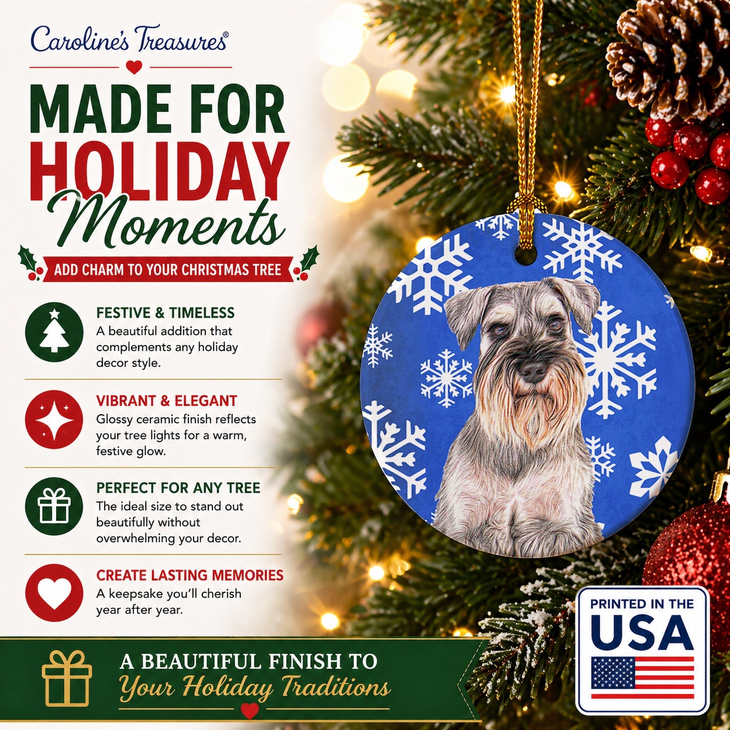 Winter Snowflakes Holiday Schnauzer Ceramic Ornament Christmas Tree Hanging Decorations for Home Christmas Holiday, Party, Gift, 3 in, Multicolor