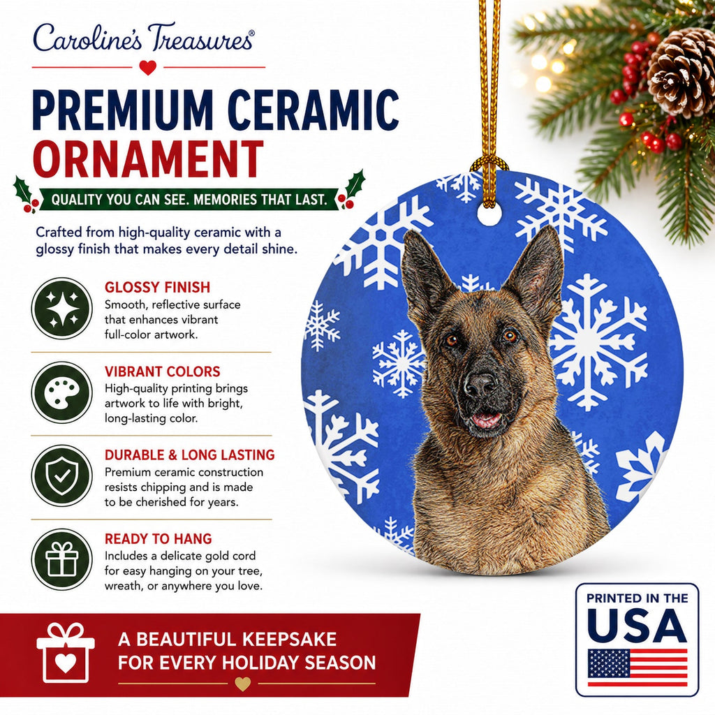 Winter Snowflakes Holiday German Shepherd Ceramic Ornament Christmas Tree Hanging Decorations for Home Christmas Holiday, Party, Gift, 3 in, Multicolor
