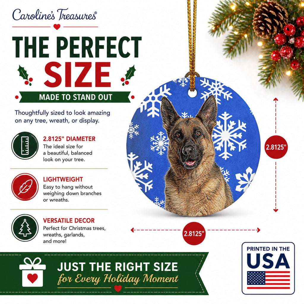 Winter Snowflakes Holiday German Shepherd Ceramic Ornament Christmas Tree Hanging Decorations for Home Christmas Holiday, Party, Gift, 3 in, Multicolor