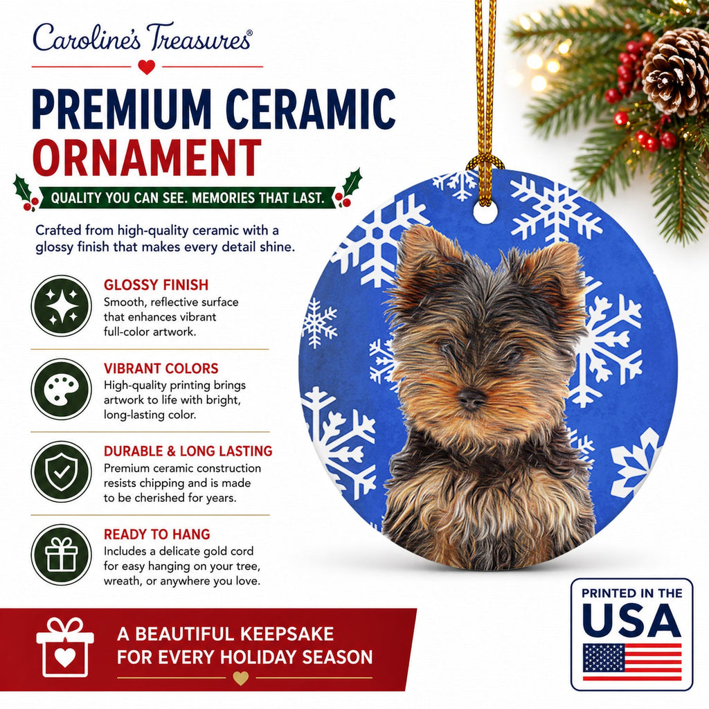 Winter Snowflakes Holiday Yorkie Puppy / Yorkshire Terrier Ceramic Ornament Christmas Tree Hanging Decorations for Home Christmas Holiday, Party, Gift, 3 in, Multicolor