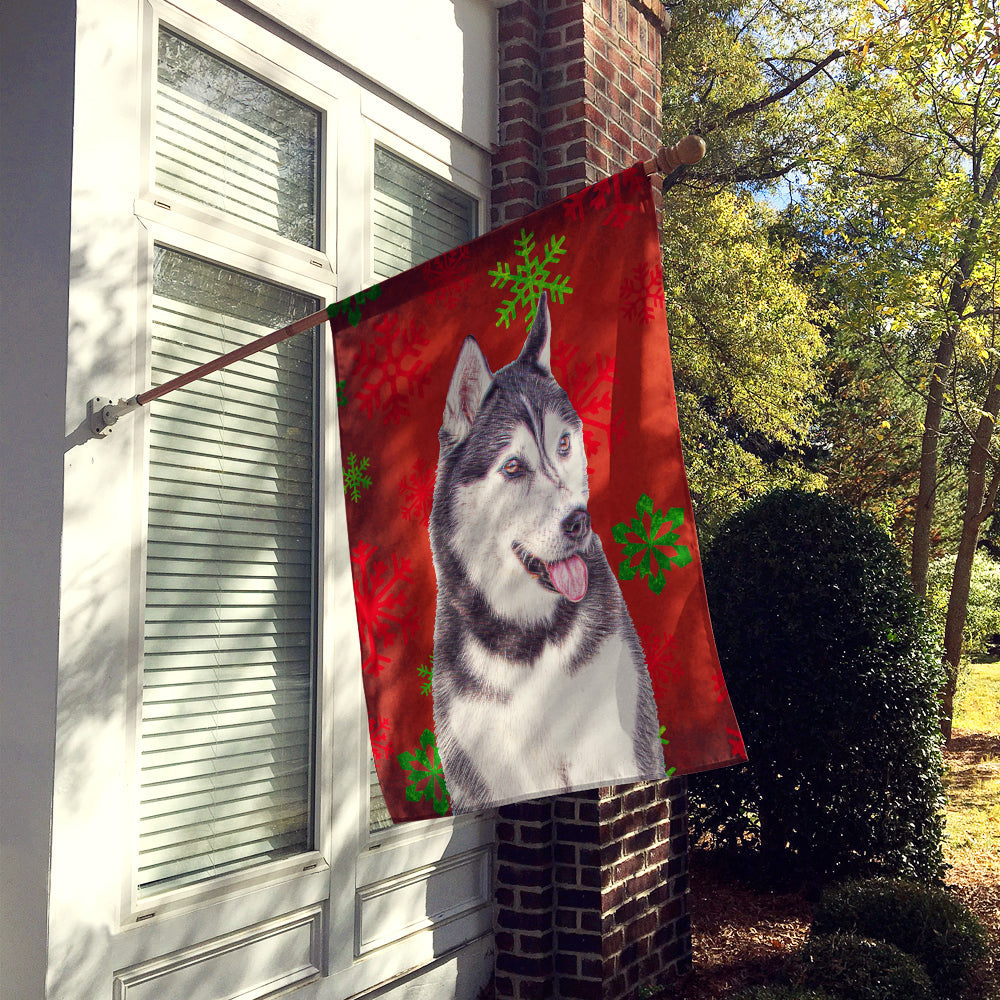 Red Snowflakes Holiday Christmas Alaskan Malamute House Flag 28x40 Porch Sleeve Pole Decorative Outside Yard Banner Artwork Wall Hanging, Polyester