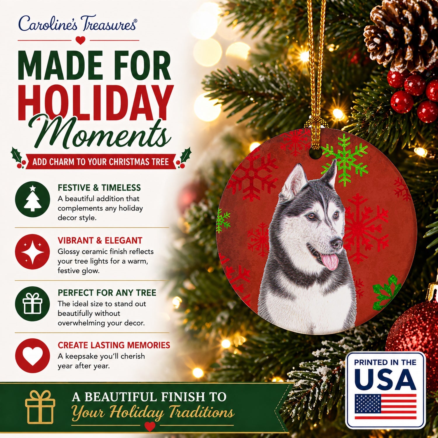 Red Snowflakes Holiday Christmas  Alaskan Malamute Ceramic Ornament Christmas Tree Hanging Decorations for Home Christmas Holiday, Party, Gift, 3 in, Multicolor