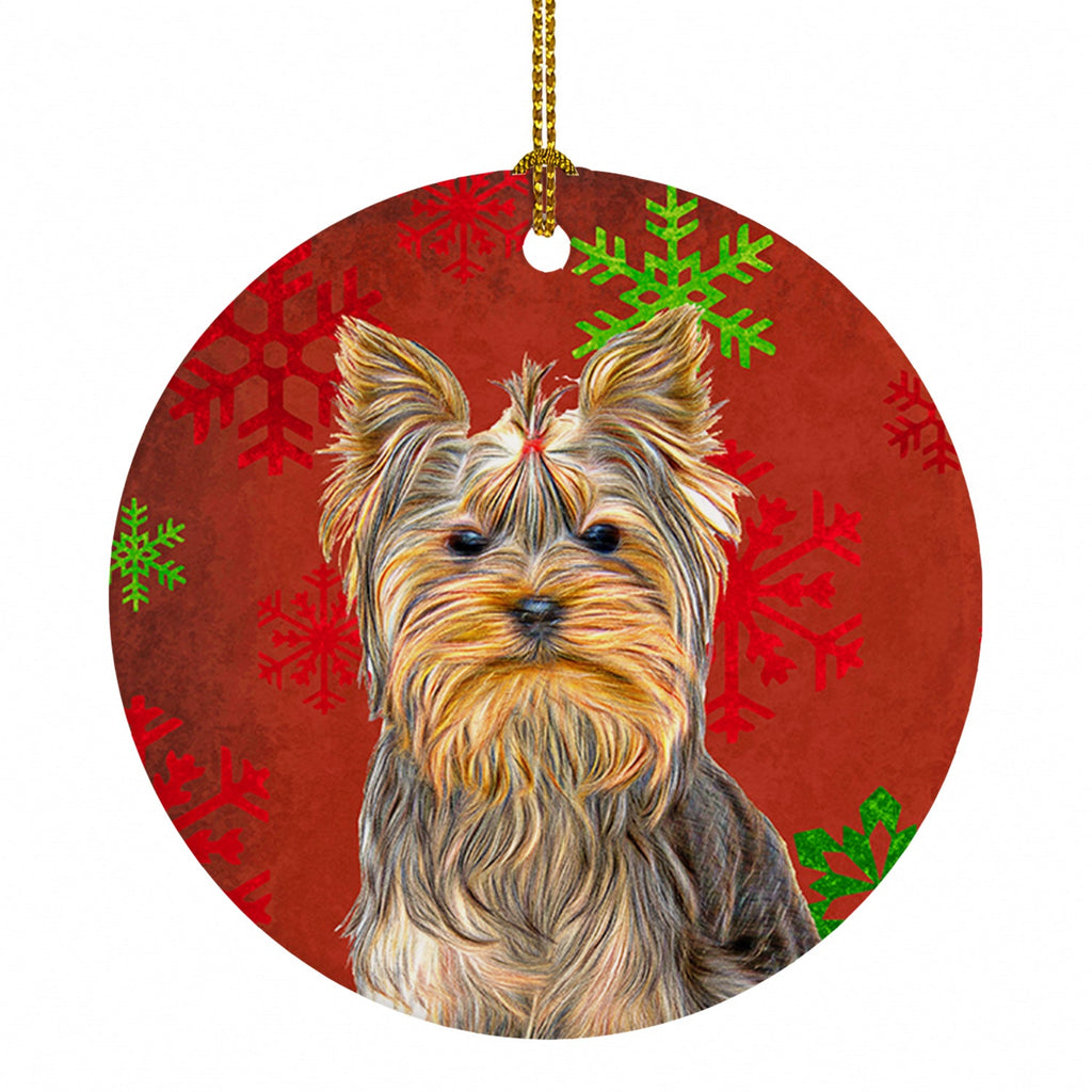 Red Snowflakes Holiday Christmas  Yorkie / Yorkshire Terrier Ceramic Ornament Christmas Tree Hanging Decorations for Home Christmas Holiday, Party, Gift, 3 in, Multicolor