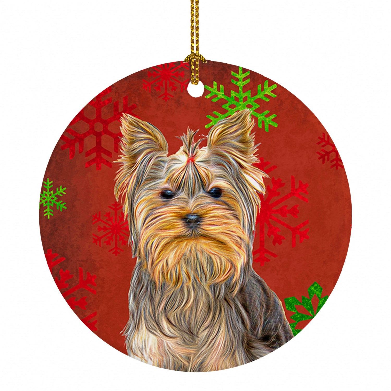 Red Snowflakes Holiday Christmas  Yorkie / Yorkshire Terrier Ceramic Ornament Christmas Tree Hanging Decorations for Home Christmas Holiday, Party, Gift, 3 in, Multicolor