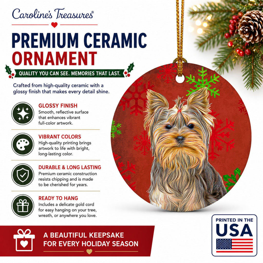 Red Snowflakes Holiday Christmas  Yorkie / Yorkshire Terrier Ceramic Ornament Christmas Tree Hanging Decorations for Home Christmas Holiday, Party, Gift, 3 in, Multicolor