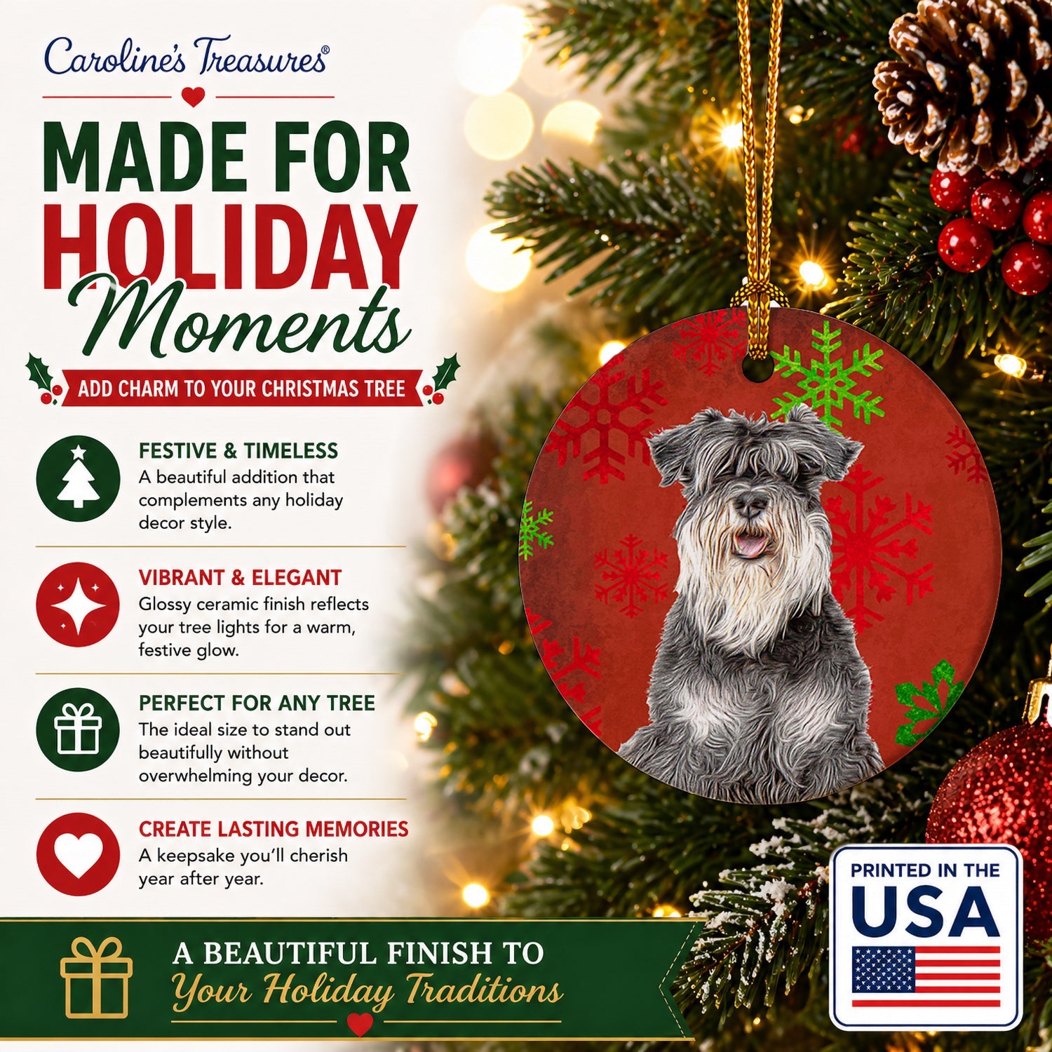 Red Snowflakes Holiday Christmas  Schnauzer Ceramic Ornament Christmas Tree Hanging Decorations for Home Christmas Holiday, Party, Gift, 3 in, Multicolor