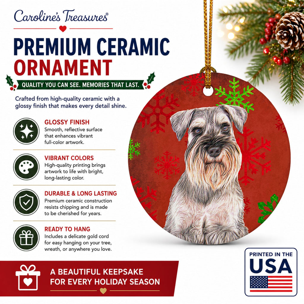 Red Snowflakes Holiday Christmas  Schnauzer Ceramic Ornament Christmas Tree Hanging Decorations for Home Christmas Holiday, Party, Gift, 3 in, Multicolor