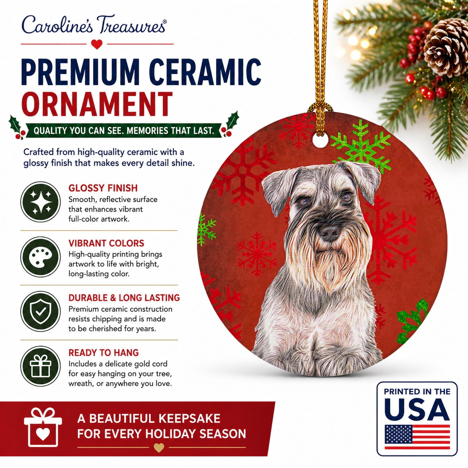 Red Snowflakes Holiday Christmas  Schnauzer Ceramic Ornament Christmas Tree Hanging Decorations for Home Christmas Holiday, Party, Gift, 3 in, Multicolor