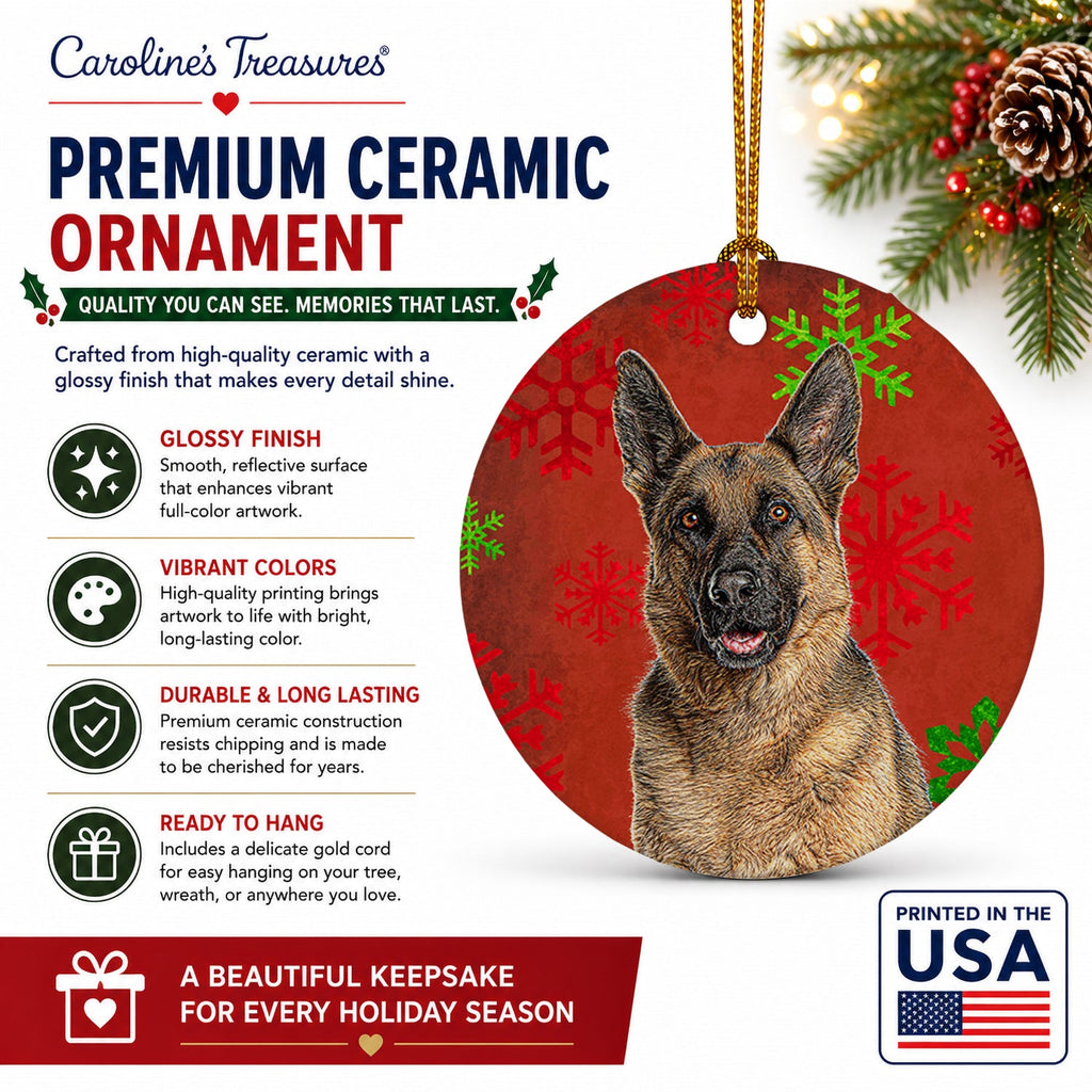 Red Snowflakes Holiday Christmas  German Shepherd Ceramic Ornament Christmas Tree Hanging Decorations for Home Christmas Holiday, Party, Gift, 3 in, Multicolor
