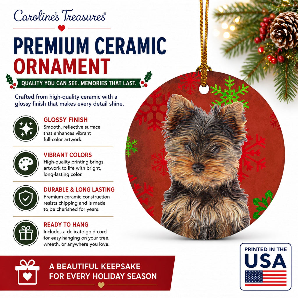 Red Snowflakes Holiday Christmas Yorkie Puppy / Yorkshire Terrier Ceramic Ornament Christmas Tree Hanging Decorations for Home Christmas Holiday, Party, Gift, 3 in, Multicolor
