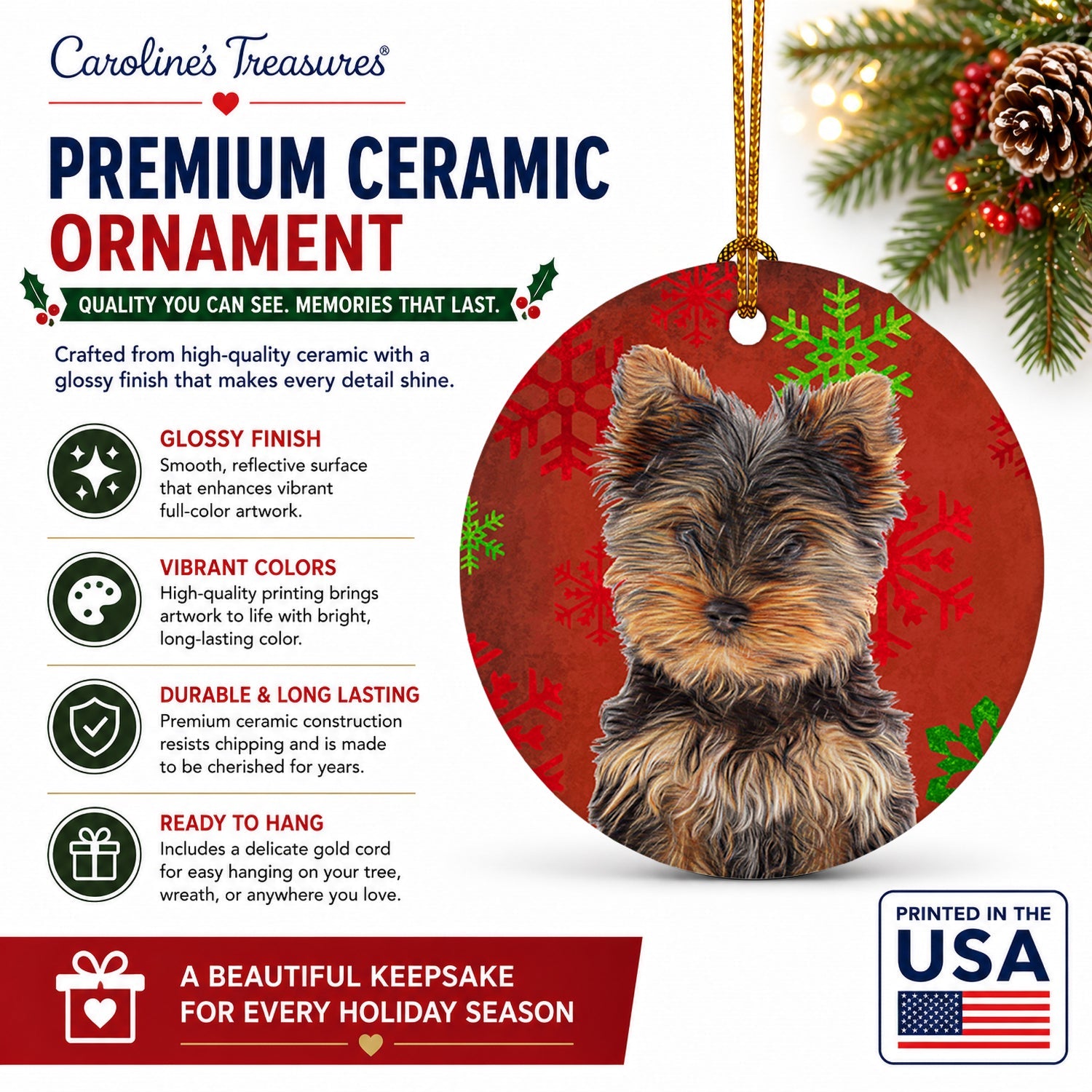 Red Snowflakes Holiday Christmas Yorkie Puppy / Yorkshire Terrier Ceramic Ornament Christmas Tree Hanging Decorations for Home Christmas Holiday, Party, Gift, 3 in, Multicolor