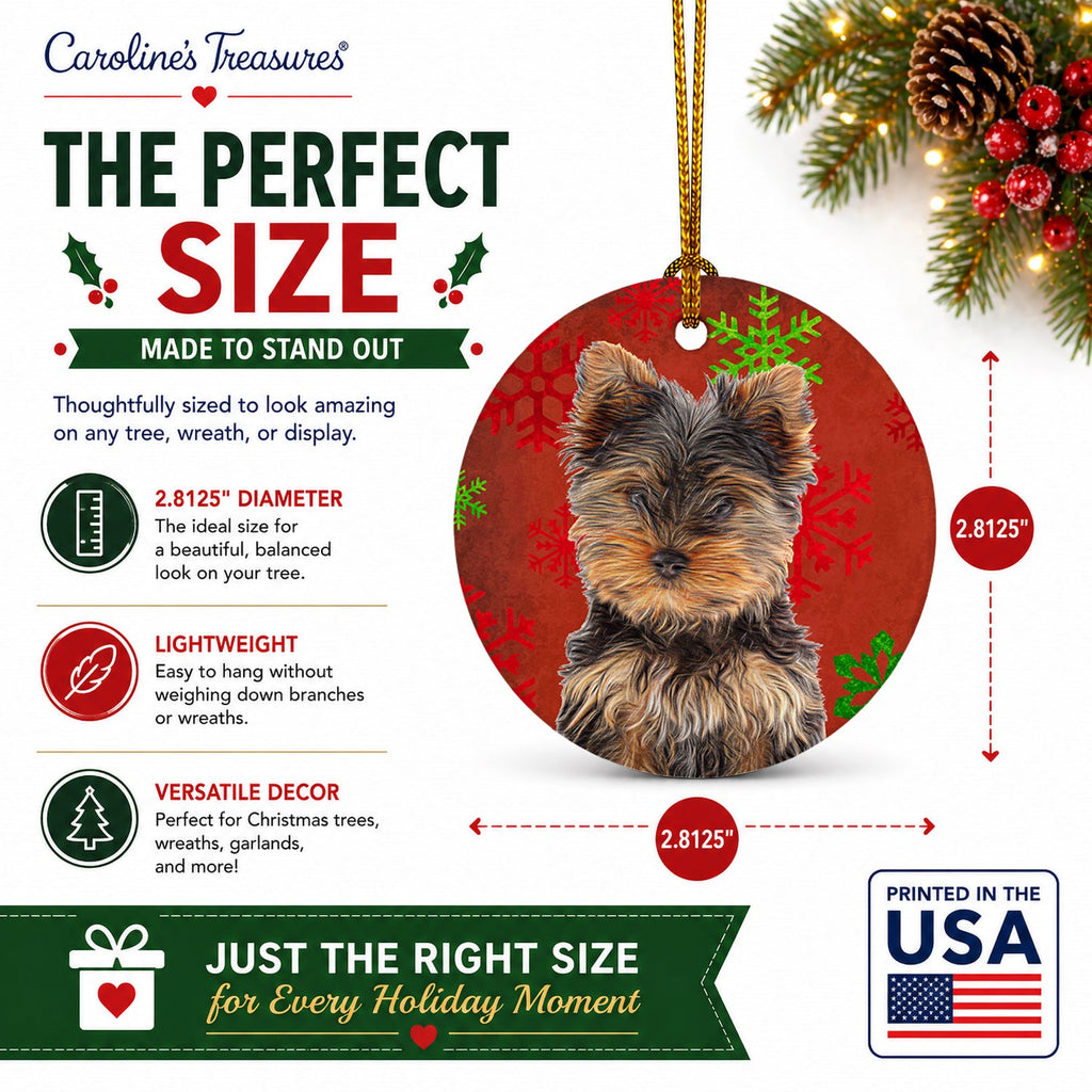 Red Snowflakes Holiday Christmas Yorkie Puppy / Yorkshire Terrier Ceramic Ornament Christmas Tree Hanging Decorations for Home Christmas Holiday, Party, Gift, 3 in, Multicolor