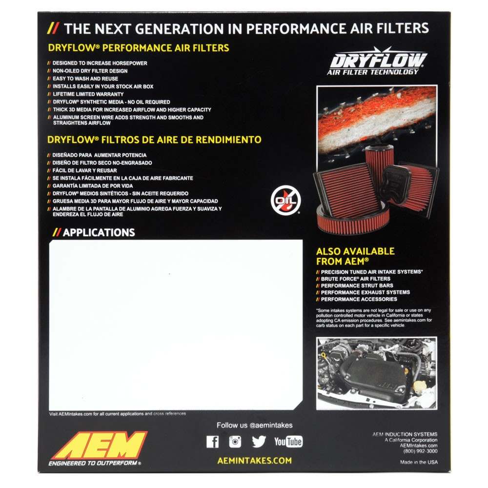AEM Induction AEM 05-07 Mustang GT 4.0L V6 / 4.6L 10.188in O/S L x 9.5in O/S W x 1.625in H DryFlow Air Filter 28-20298
