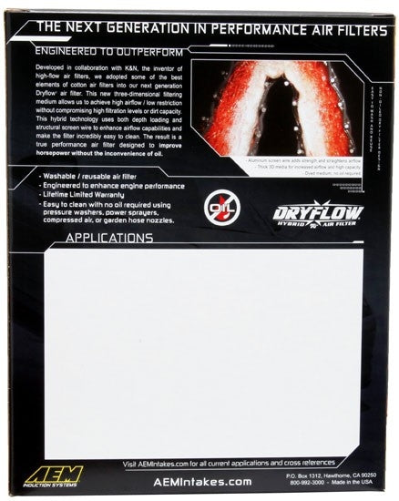 AEM Induction AEM 10-11 Kia Soul 1.6L/2.0L L4 9.75in O/S L x 5.125in O/S W x 2.188in H DryFlow Air Filter 28-20960