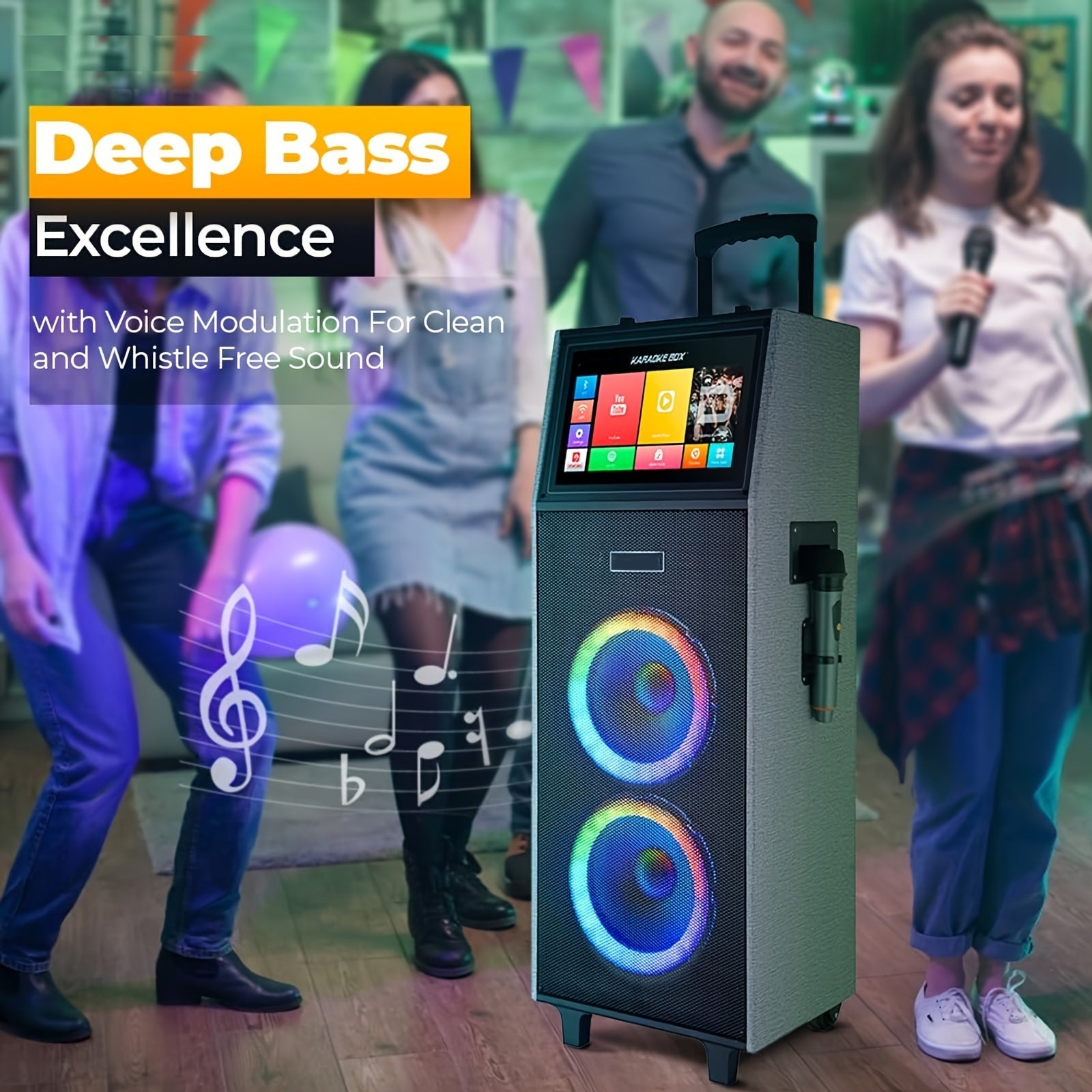 Karaoke Machine With 2 UHF Wireless Microphones For Adults, 4000W Dual 8'' Woofer All In One Wireless Karaoke Speaker, PA System With DJ Light, Rolling Wheels And Trolley, Perfect For Outdoor, 14.1" Touchscreen, USB/TF/FM/AUX