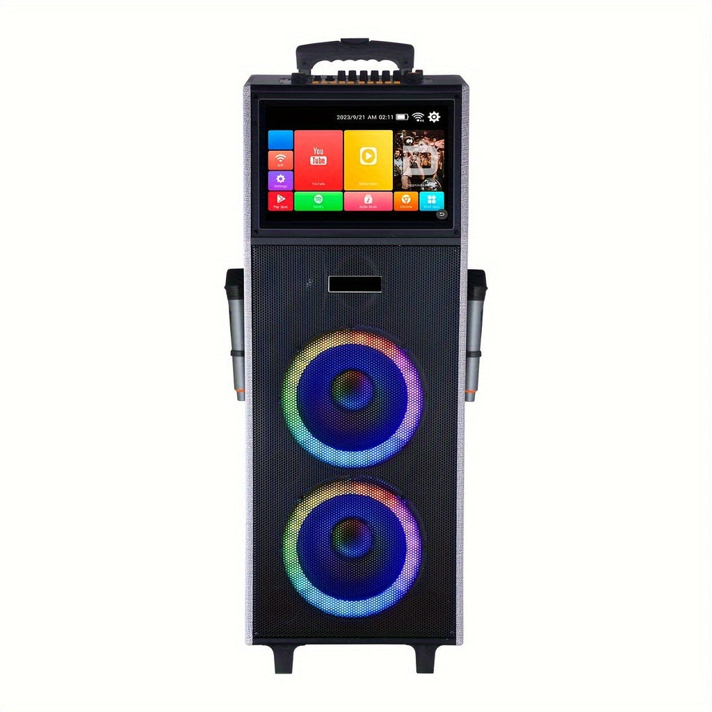 Karaoke Machine With 2 UHF Wireless Microphones For Adults, 4000W Dual 8'' Woofer All In One Wireless Karaoke Speaker, PA System With DJ Light, Rolling Wheels And Trolley, Perfect For Outdoor, 14.1" Touchscreen, USB/TF/FM/AUX