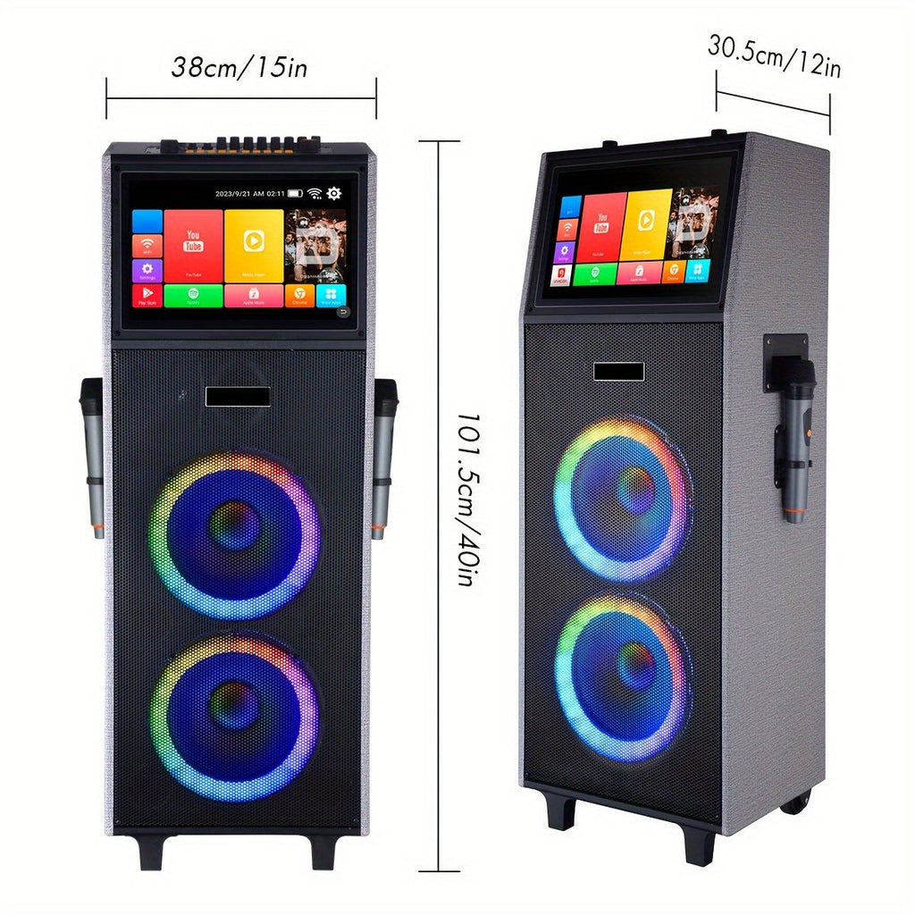 Karaoke Machine With 2 UHF Wireless Microphones For Adults, 4000W Dual 8'' Woofer All In One Wireless Karaoke Speaker, PA System With DJ Light, Rolling Wheels And Trolley, Perfect For Outdoor, 14.1" Touchscreen, USB/TF/FM/AUX
