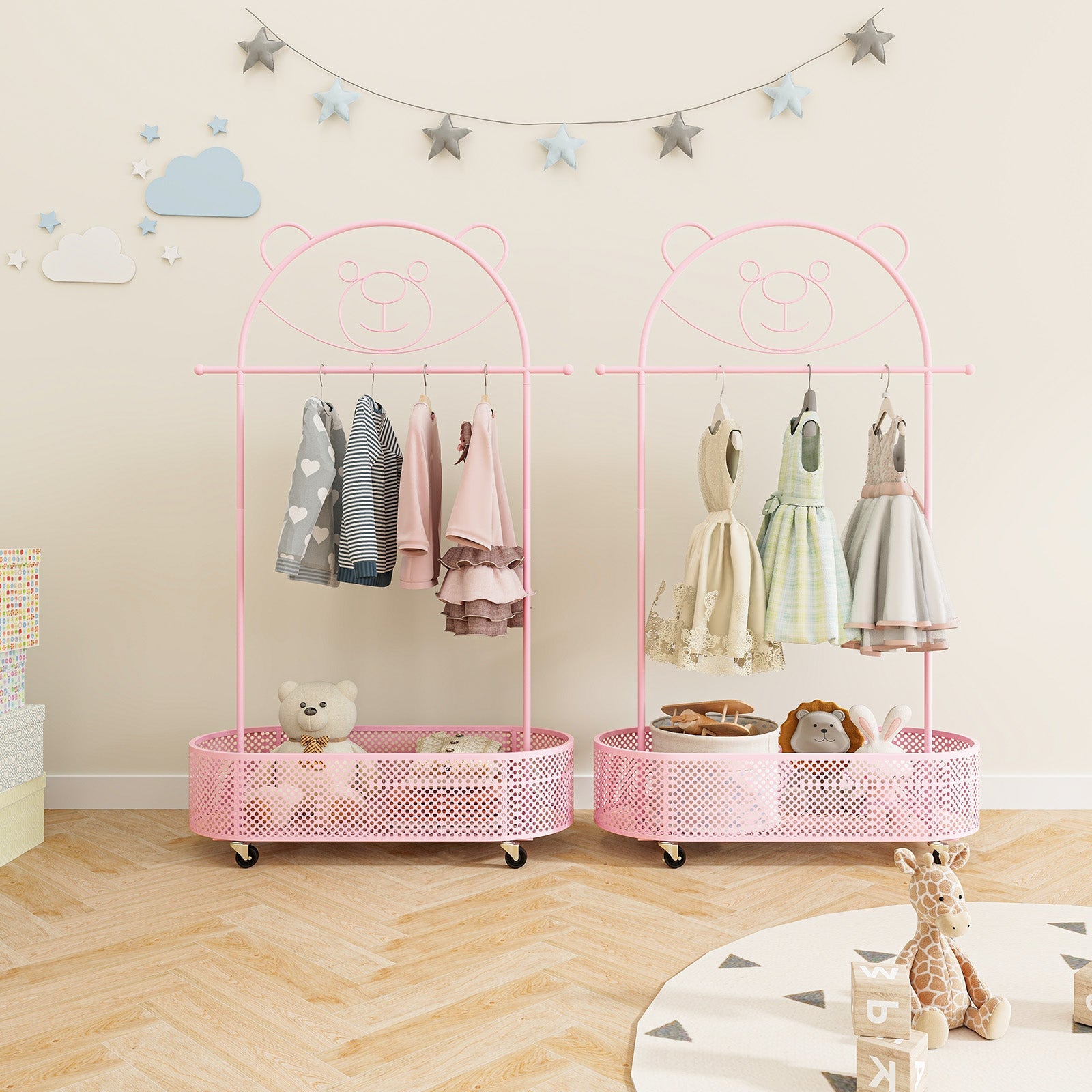 Kid Clothes Rack with 3 Adjustable Heights and Wheels-Pink