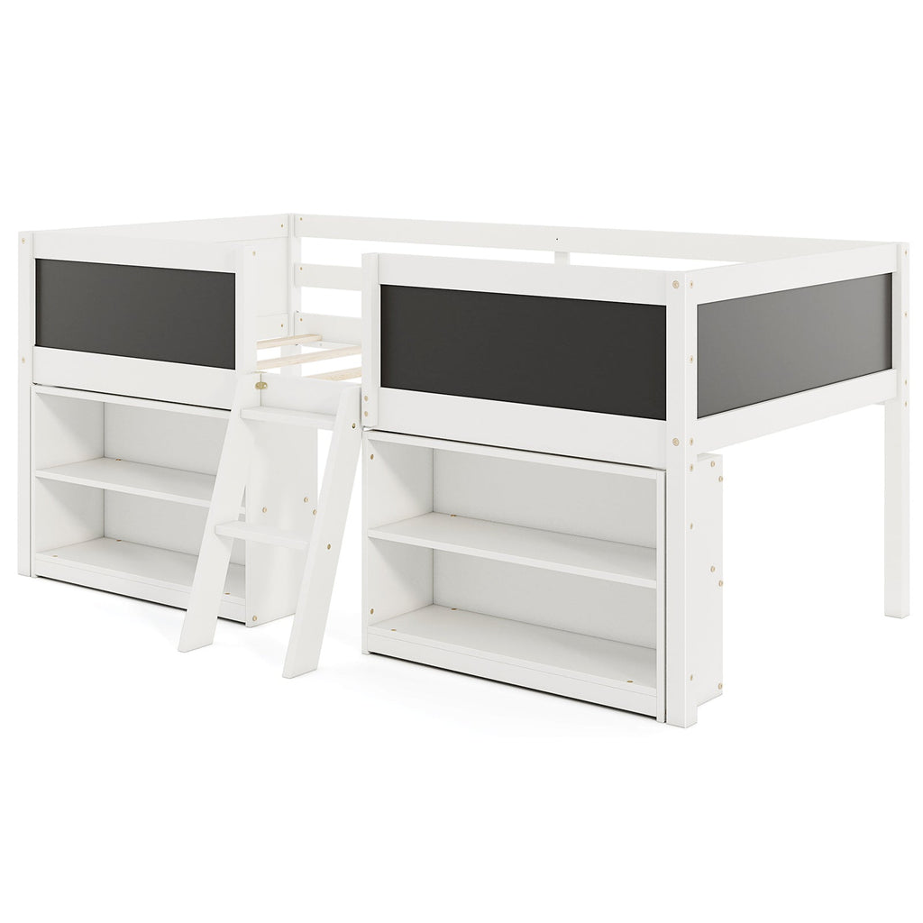 Kid Twin Size Low Loft Bed with Chalkboard Ramp Ladder and Bookcases