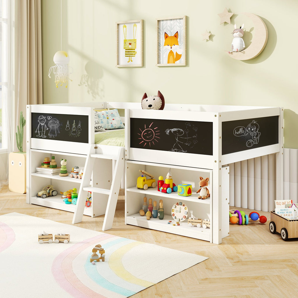 Kid Twin Size Low Loft Bed with Chalkboard Ramp Ladder and Bookcases-White