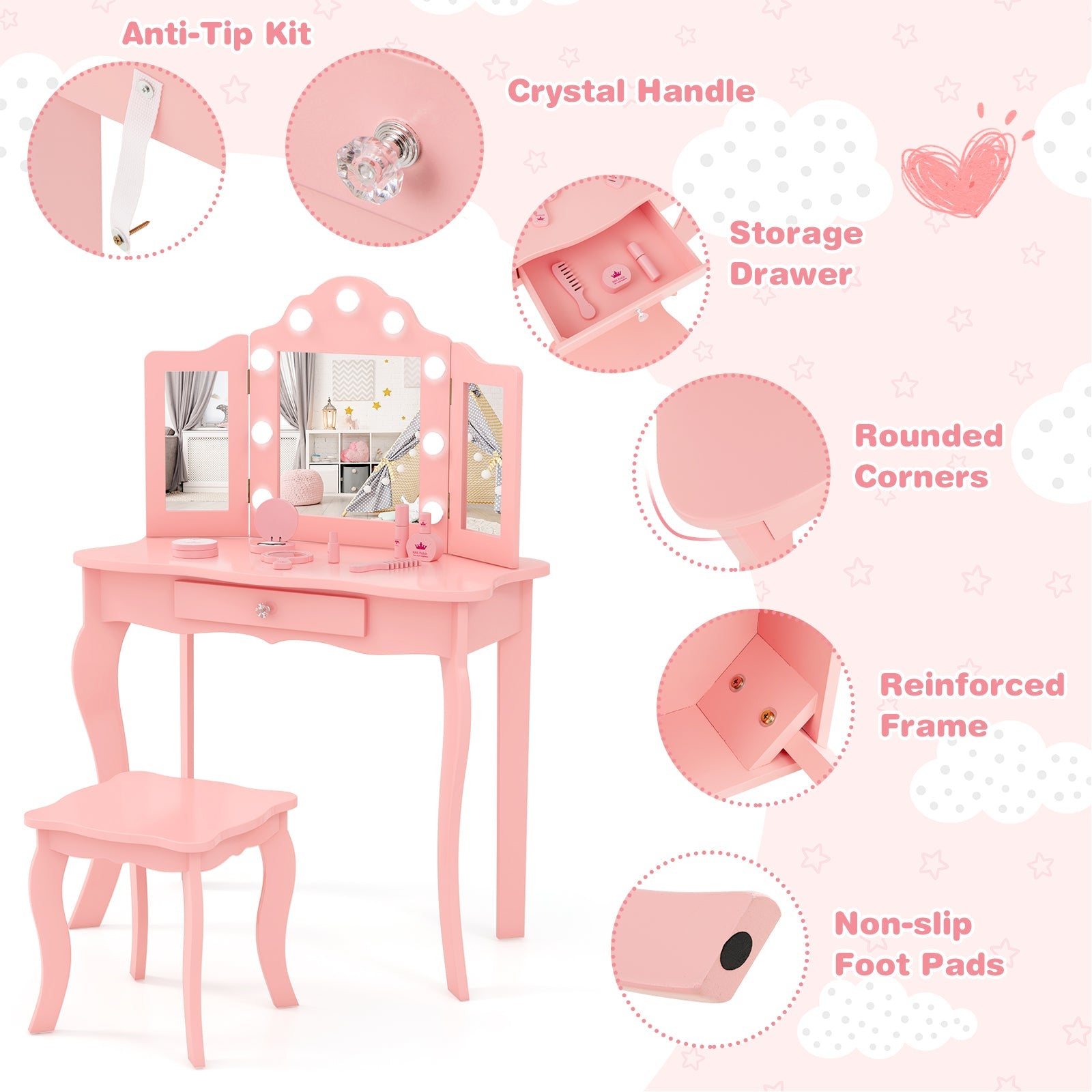 Kid Vanity Table Stool Set with Tri-Folding Mirror and 3-Color LED Lights-Pink