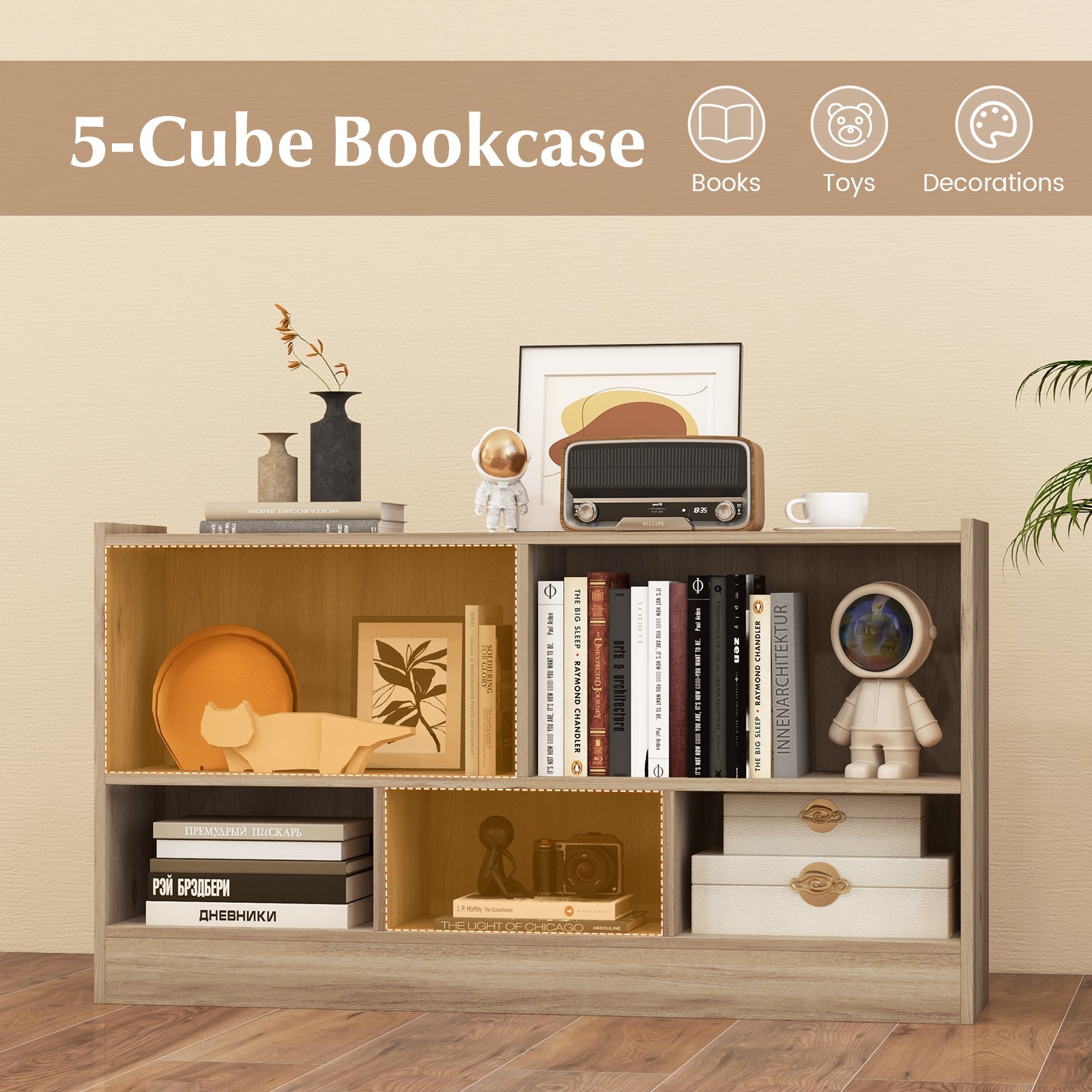 Kids 2-Shelf Bookcase 5-Cube Wood Toy Storage Cabinet Organizer-Natural