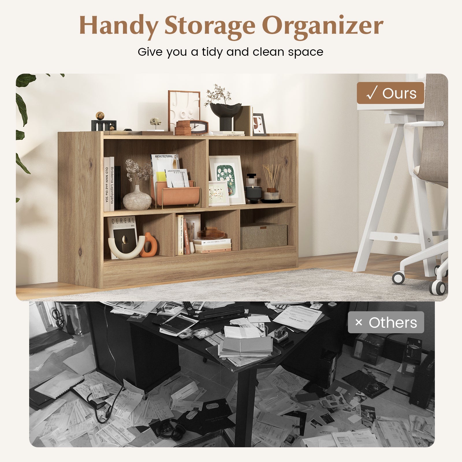 Kids 2-Shelf Bookcase 5-Cube Wood Toy Storage Cabinet Organizer-Natural