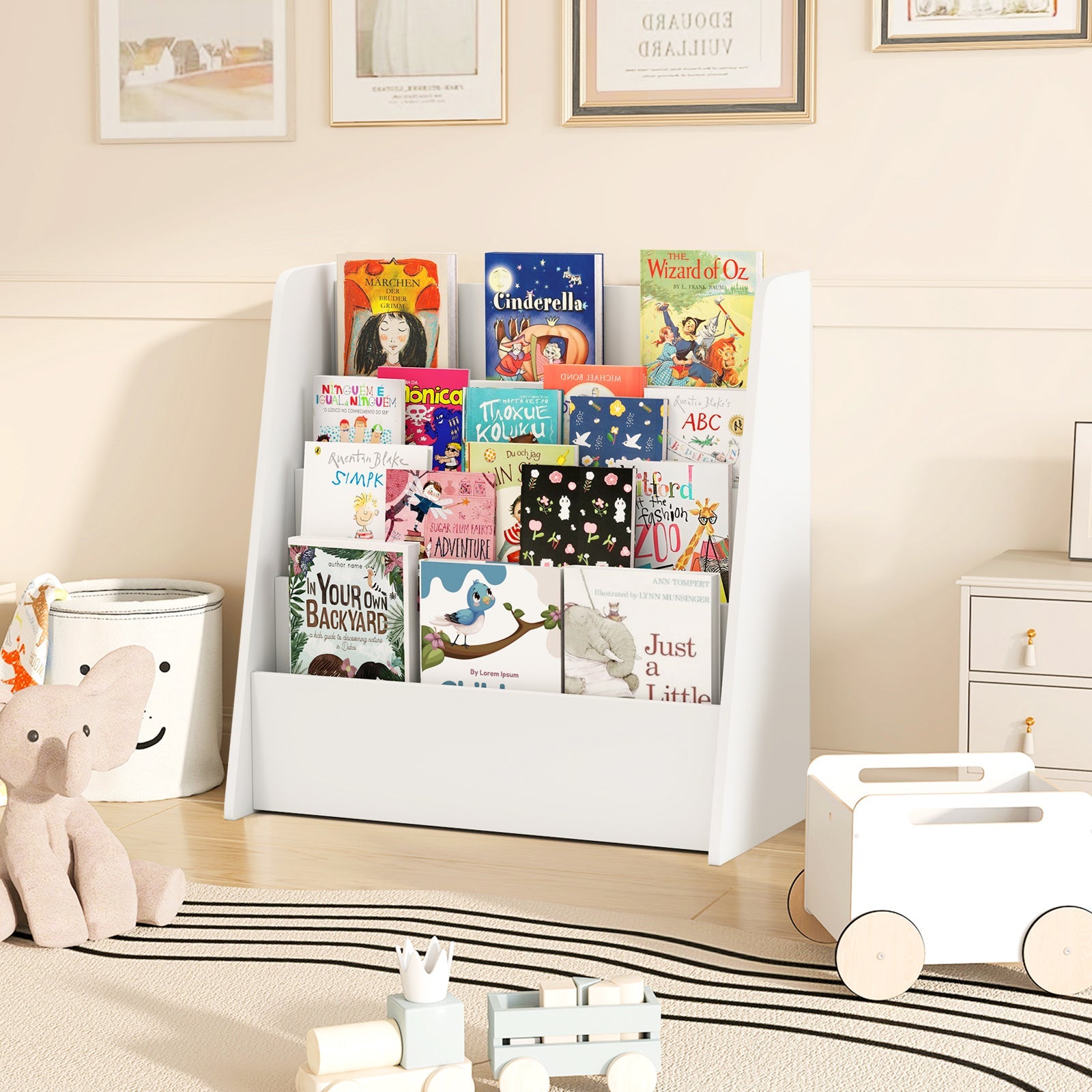 4-Tier Kids Bookshelf with Deep Compartments for Bedroom-White