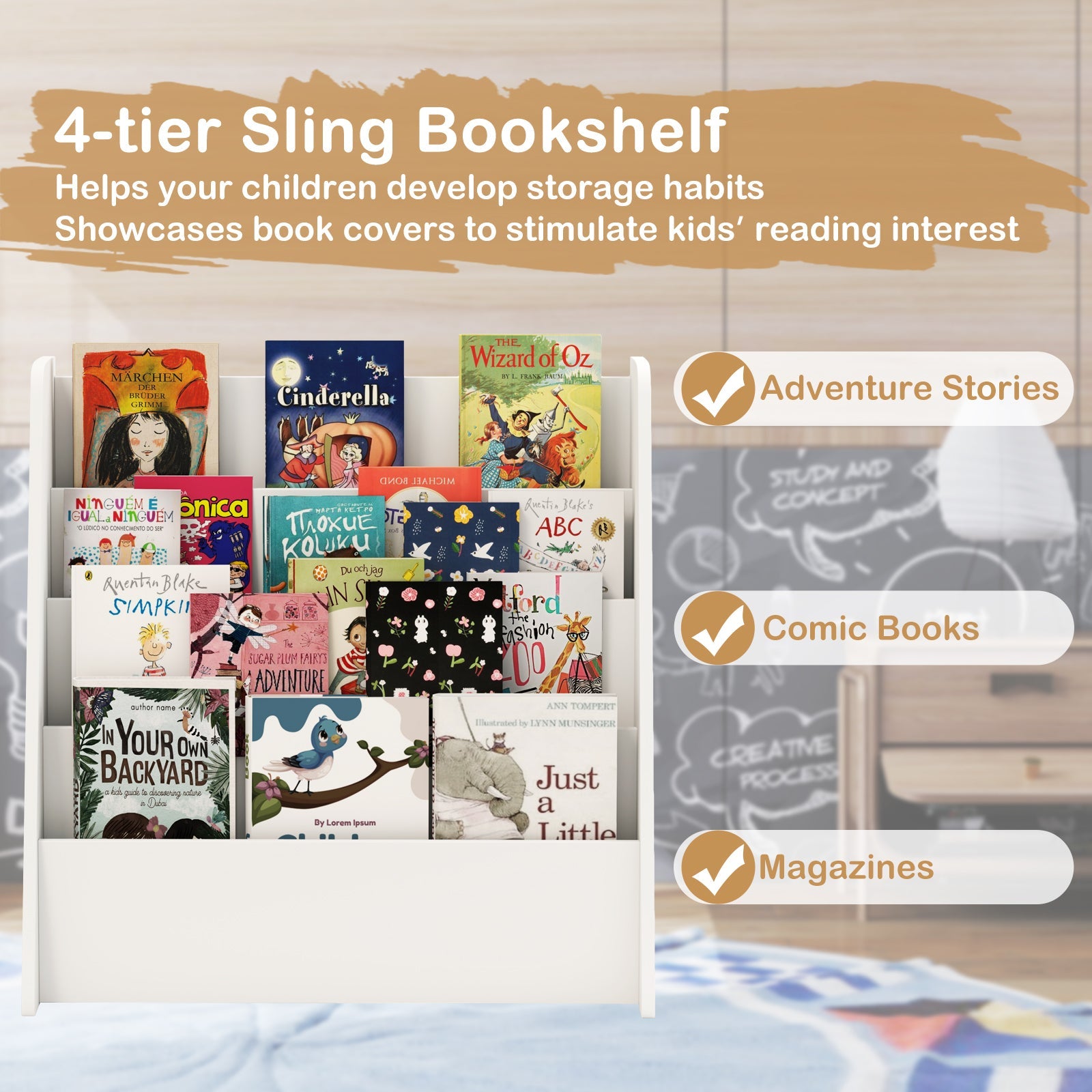4-Tier Kids Bookshelf with Deep Compartments for Bedroom-White