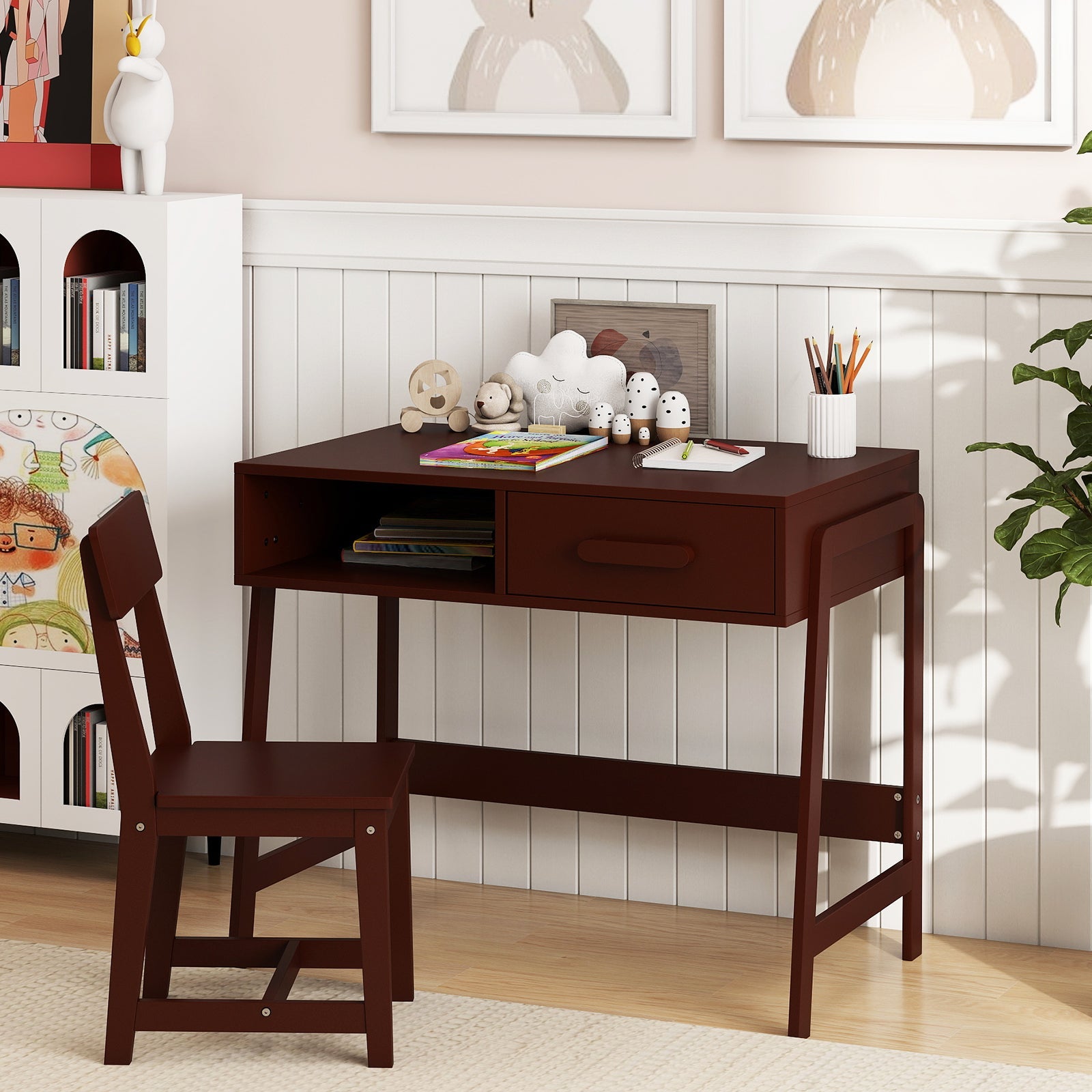 Kids Desk and Chair Set with Storage Drawer and Hutch-Brown