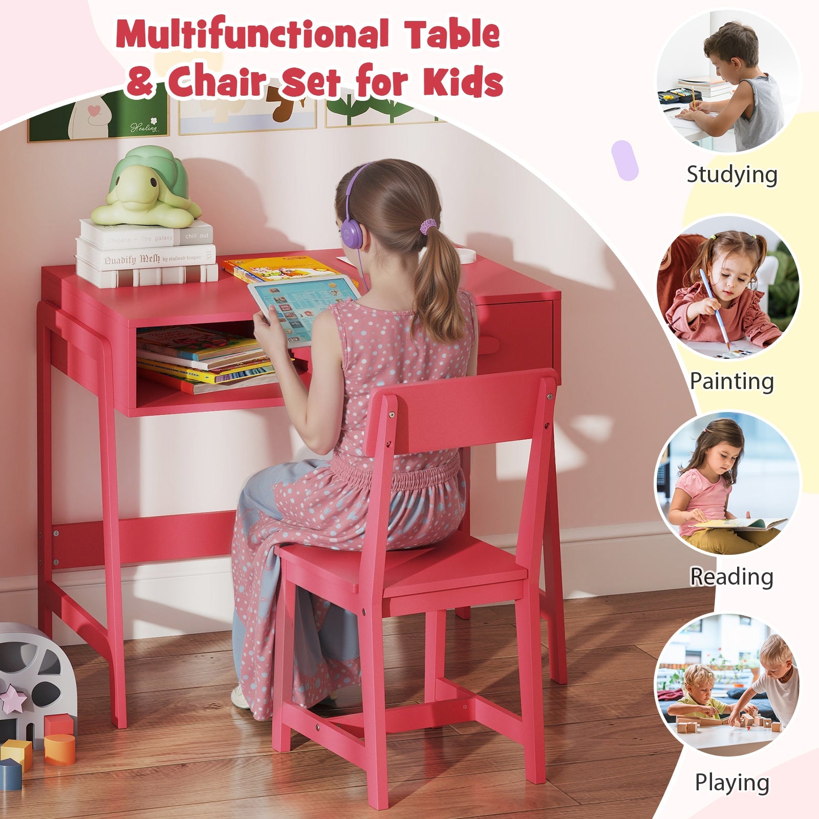 Kids Desk and Chair Set with Storage Drawer and Hutch-Pink