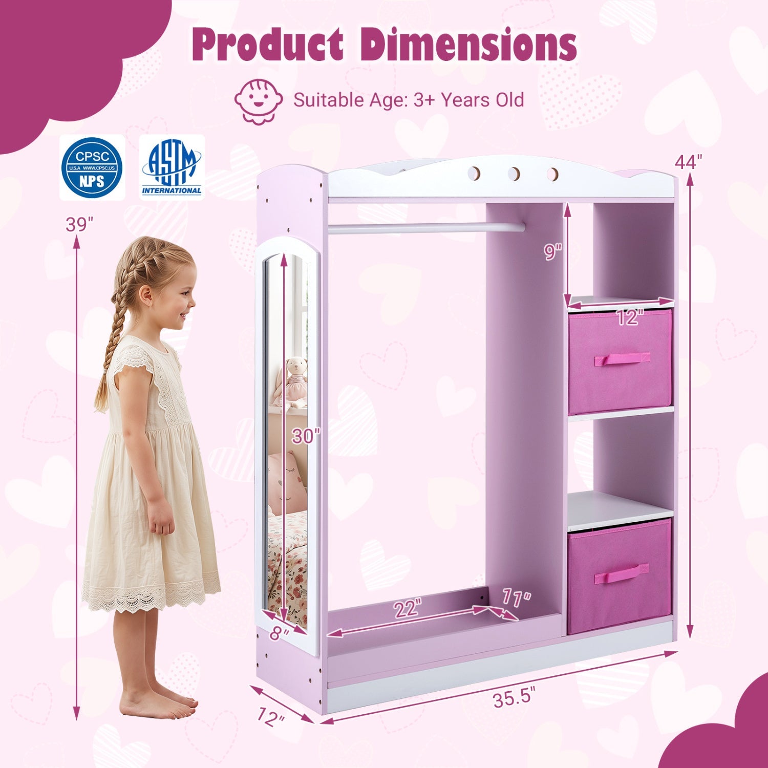 Kids Dress Up Storage with Full Length Mirror - Pink