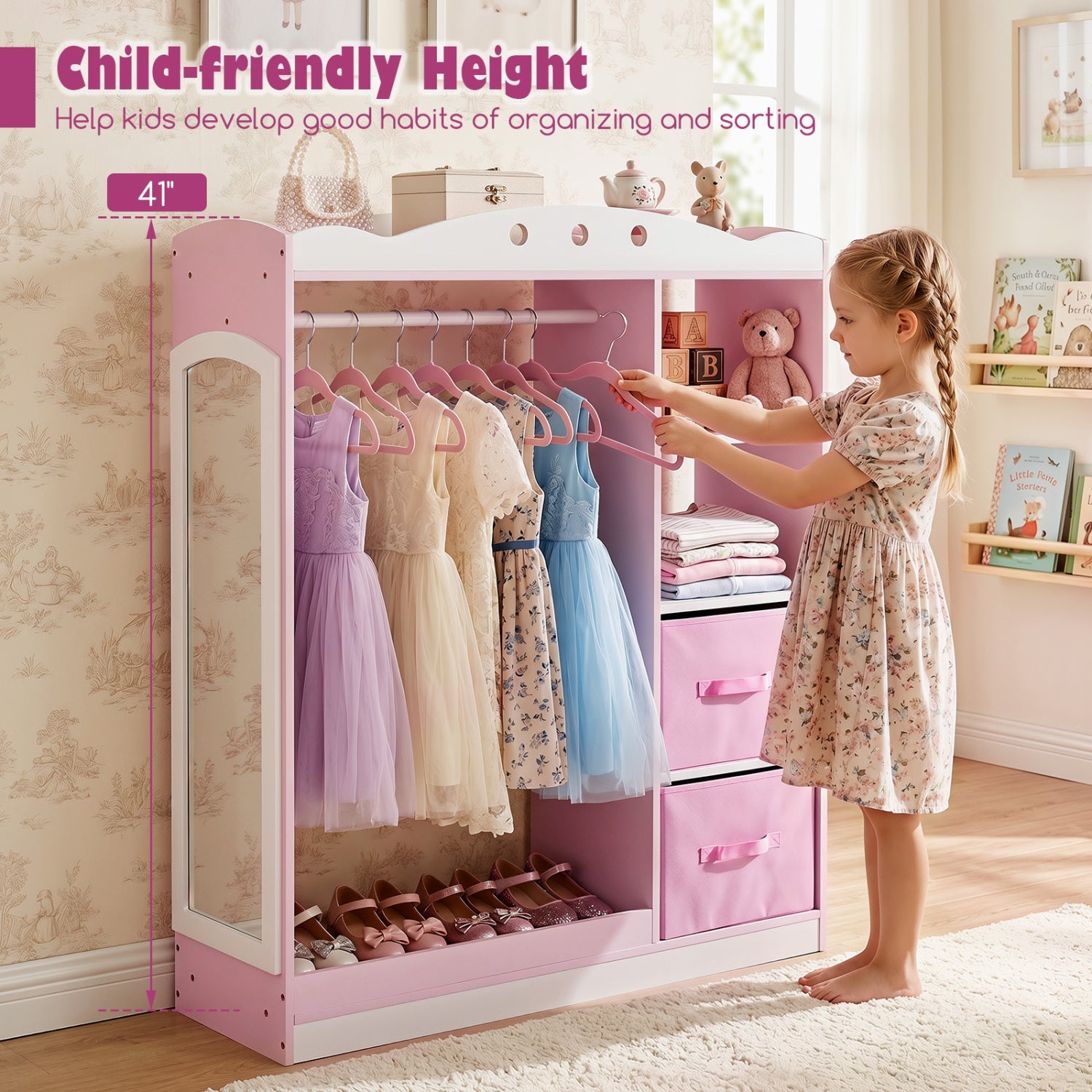 Kids Dress Up Storage with Full Length Mirror - Pink