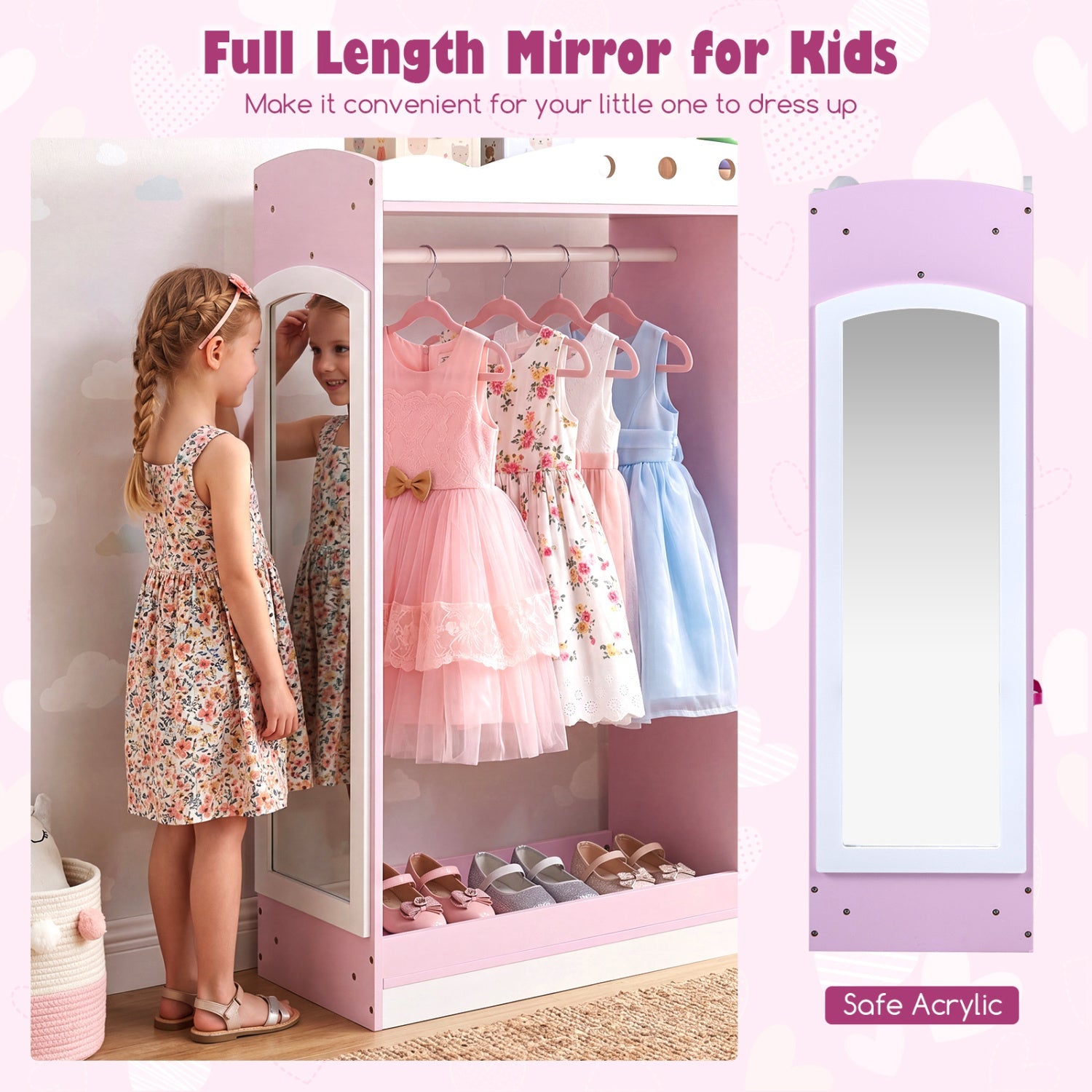 Kids Dress Up Storage with Full Length Mirror - Pink