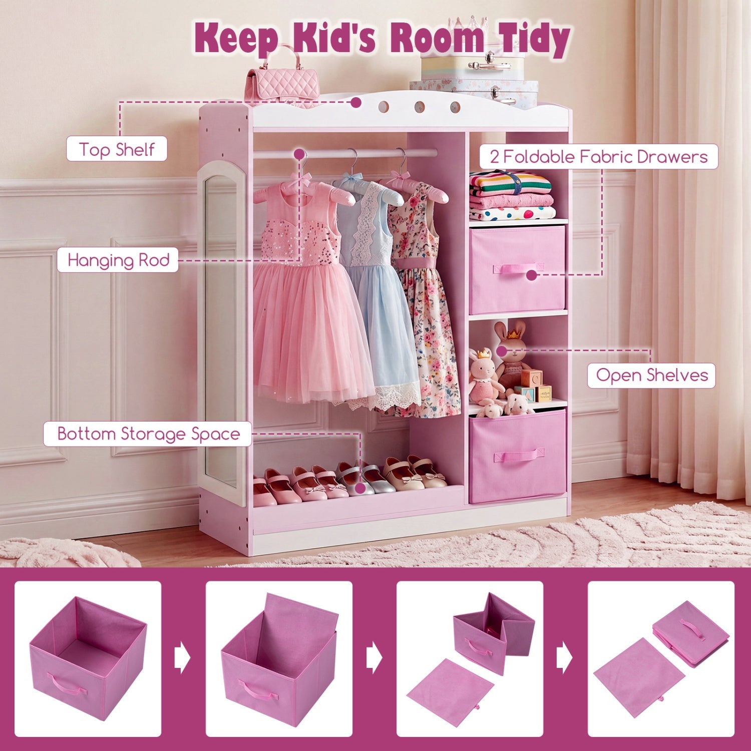 Kids Dress Up Storage with Full Length Mirror - Pink