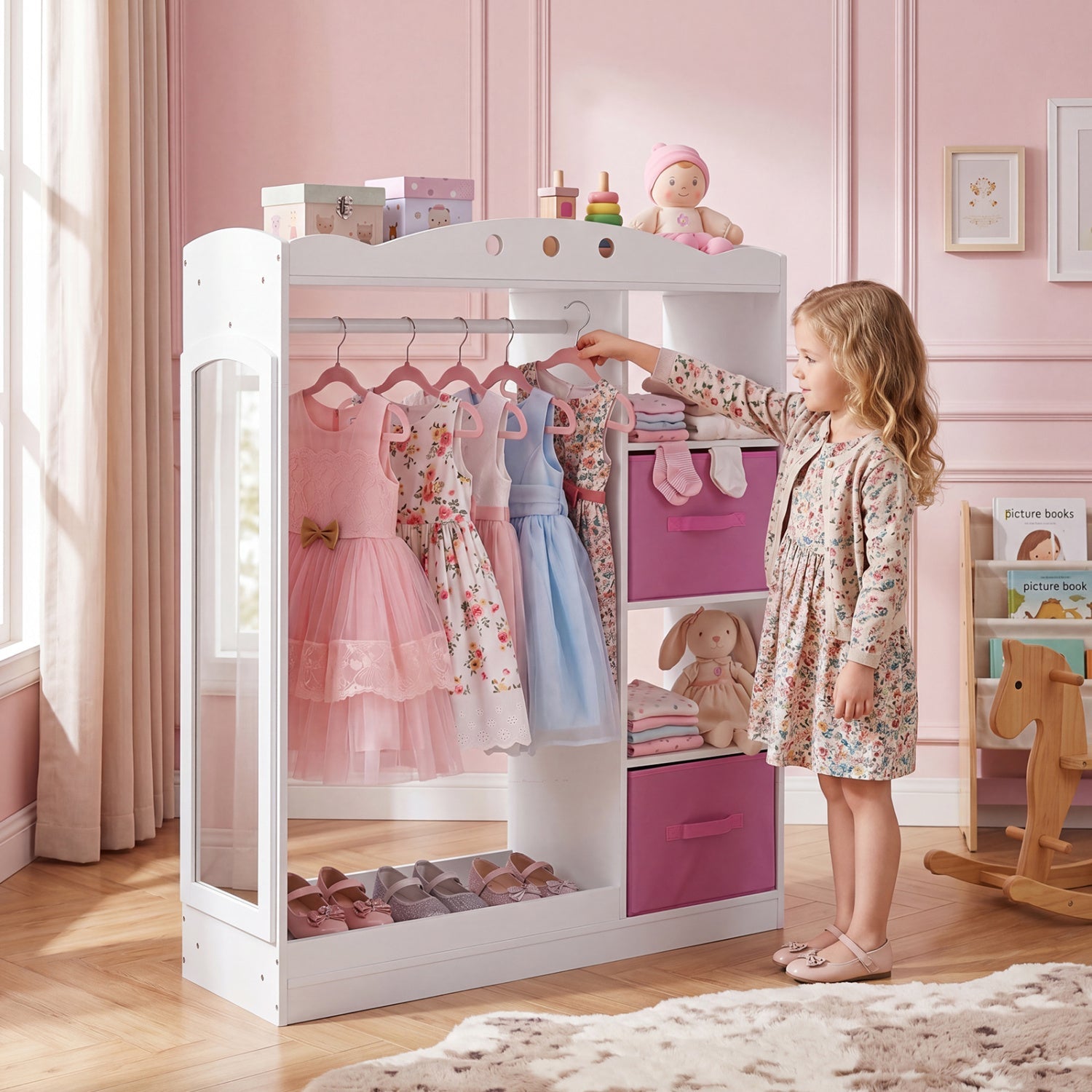Kids Dress Up Storage with Full Length Mirror - Pink